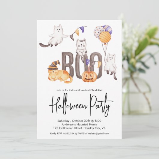 Boo Niedlich Kid's Halloween Katzen Ghosts Pumpkin Einladung (Stehend Vorderseite)