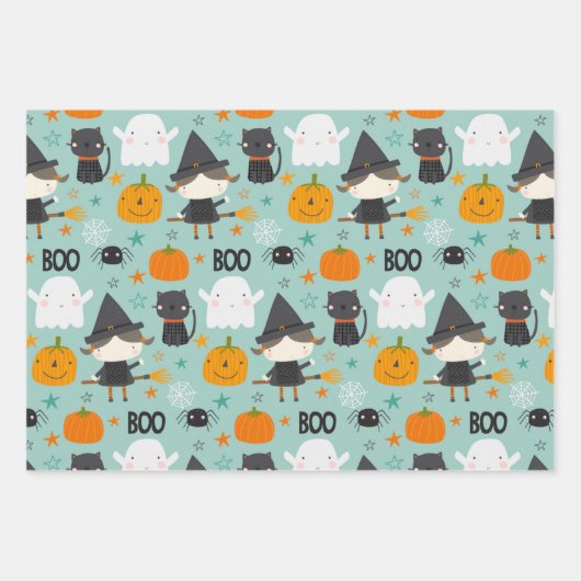 Boo! Niedliche Hexenkatze und Sterne Geschenkpapier Set (Vorderseite 3)