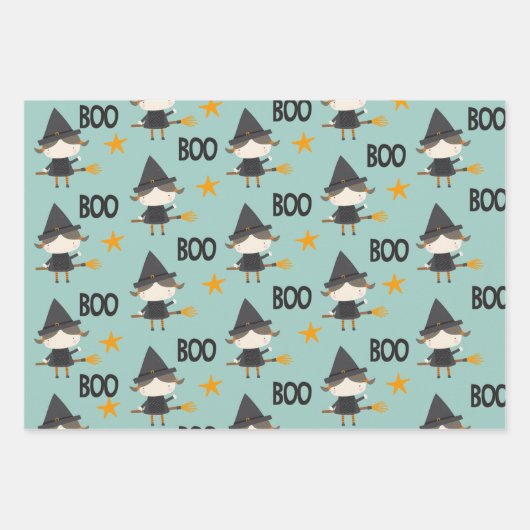 Boo! Niedliche Hexenkatze und Sterne Geschenkpapier Set (Vorderseite 2)