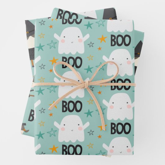 Boo! Niedliche Hexenkatze und Sterne Geschenkpapier Set (Beispiel)