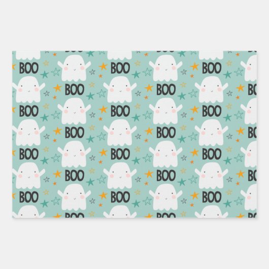 Boo! Niedliche Hexenkatze und Sterne Geschenkpapier Set (Vorderseite)