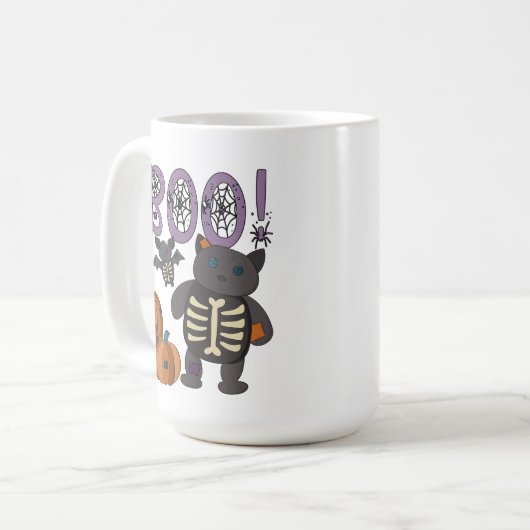 Boo! Niedliches Patchwork Skelettkatzenkatze und B Kaffeetasse (Vorderseite Links)