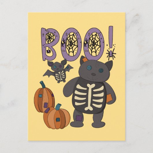 Boo! Niedliches Patchwork Skelettkatzenkatze und B Postkarte (Vorderseite)