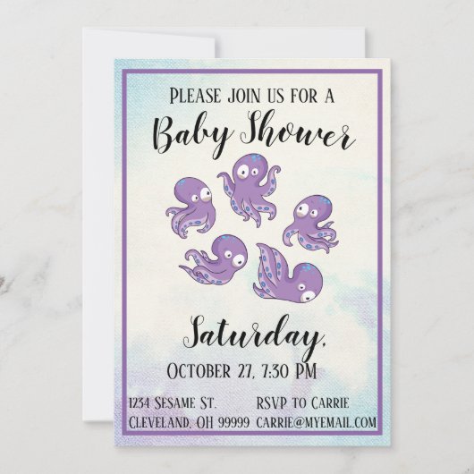 Boo Octopus Lila Baby Dusche Einladung (Vorderseite)