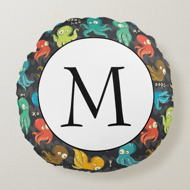 Boo Octopus Niedlich Multicolor Kids Bekleidung &  Rundes Kissen (Vorderseite)