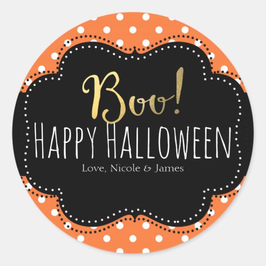 BOO! Orange & White Polka Dot Halloween Gefallen Runder Aufkleber (Vorderseite)