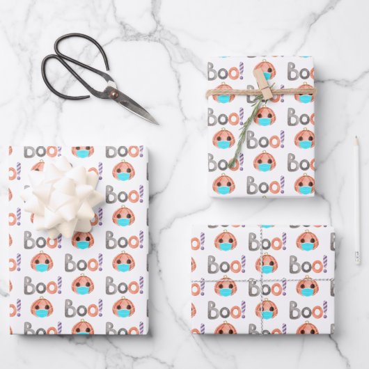 Boo Pumpkin Wrapping Paper Flat Sheet Set 3 Geschenkpapier Set (Vorderseite)