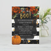 BOO! Schwarz-weiß gestrichene Rose und KürbisHallo Einladung (Stehend Vorderseite)