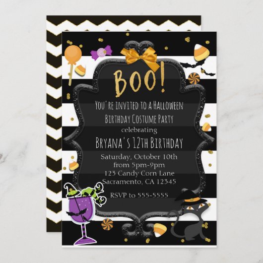 BOO! Schwarz-Weiß-Streifen Halloween-Party Einladung (Vorne/Hinten)