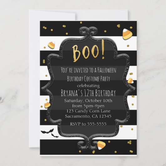 BOO! Schwarz-Weiß-Stripteehl Einladung (Vorderseite)