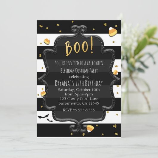 BOO! Schwarz-Weiß-Stripteehl Einladung (Stehend Vorderseite)