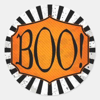 BOO! Schwarz-weiß- und Orangefarbene Halloween-Sti Runder Aufkleber