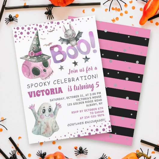 Boo Spooky Pink Skull Girl Halloween Geburtstag Einladung