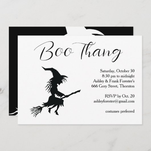 Boo Thang Flying Hexe White Halloween-Party Einladung (Vorne/Hinten)