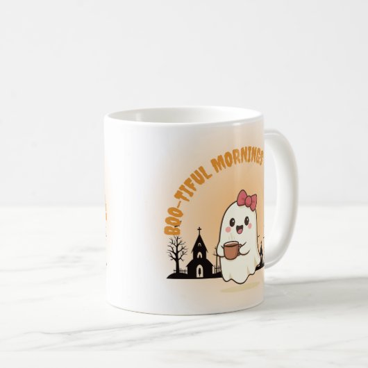 Boo-tiful Mornings & Coffee" Cute Ghost Halloween Kaffeetasse (VorderseiteRechts)
