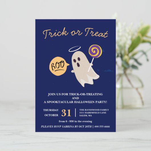 Boo Trick oder Treat Halloween-Party Einladung (Stehend Vorderseite)