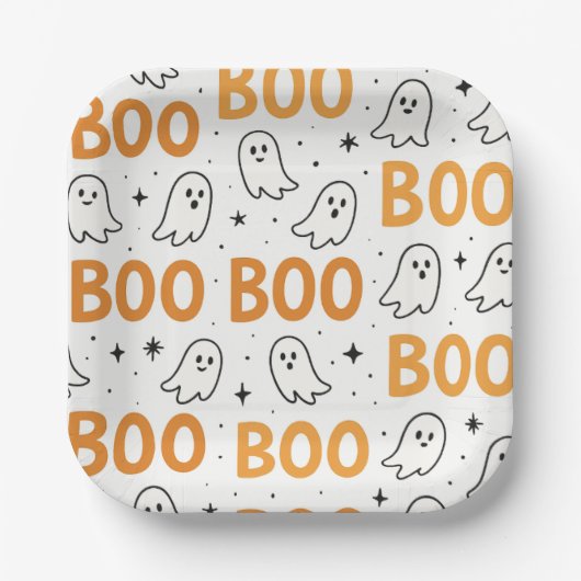BOO Typografie Playful White Ghosts Halloween Pappteller (Vorderseite)