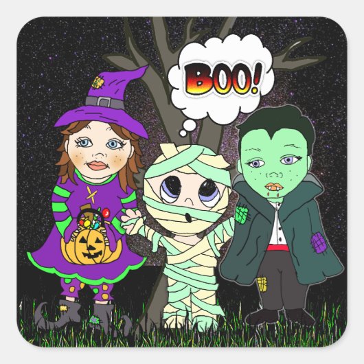 Boo! Vampire, Hexe und Mummy Halloween Quadratischer Aufkleber (Vorderseite)