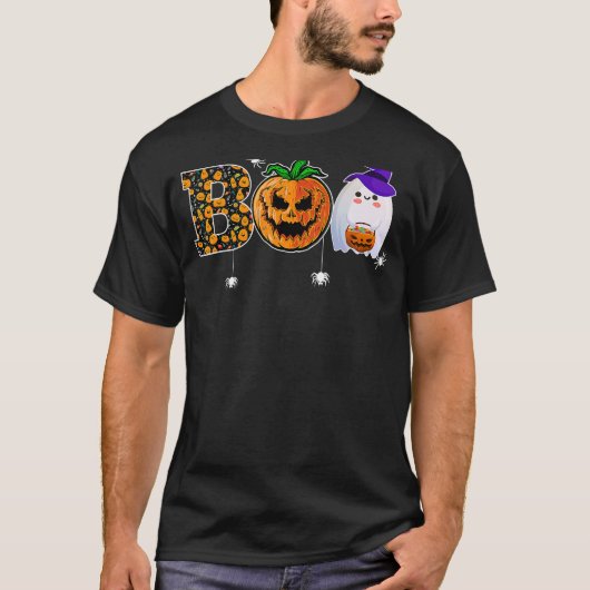 Boo With Spiders Ghost Pumpkin And Witch Hat Hallo T-Shirt (Vorderseite)