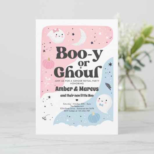 Boo-y oder Ghoul Halloween Ghost Gender Reveal Par Einladung (Stehend Vorderseite)