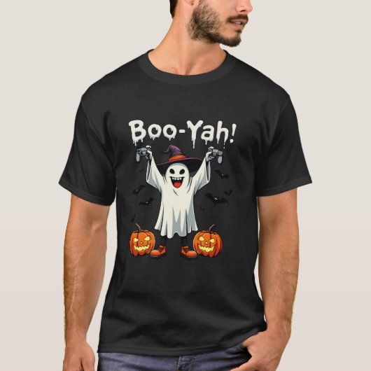 Boo Yah Spooky Gamer Ghost mit Controller Hallowe T-Shirt (Vorderseite)