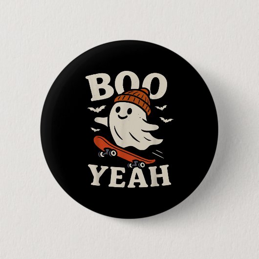 Boo Yeah Funny Ghost in Beanie Skateboard Hallowee Button (Vorderseite)