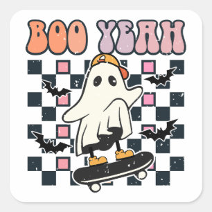 Boo Yeah - Retro Niedlich Ghost Skateboard Quadratischer Aufkleber
