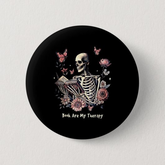 Book Are My Therapy Skeleton Book Reading Floral B Button (Vorderseite)