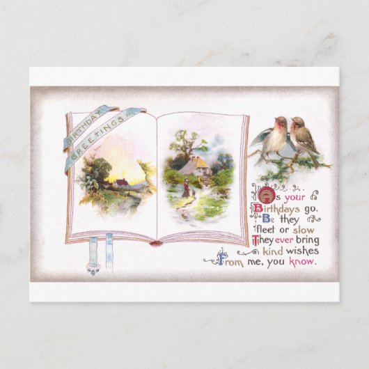 Book & Birds Vintag Birthday Card Postkarte (Vorderseite)