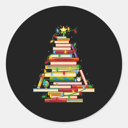 Book Christmas Tree Lights Book Lover Librarian Te Runder Aufkleber (Vorderseite)
