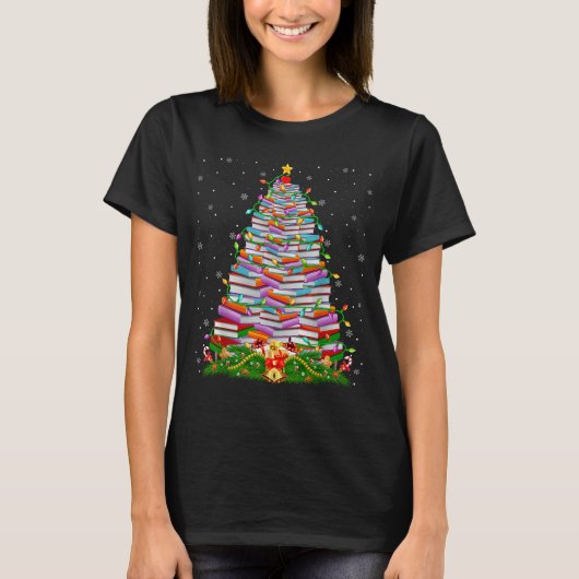 Book Christmas Tree Lights Book Lover Teacher Libr T-Shirt (Vorderseite)