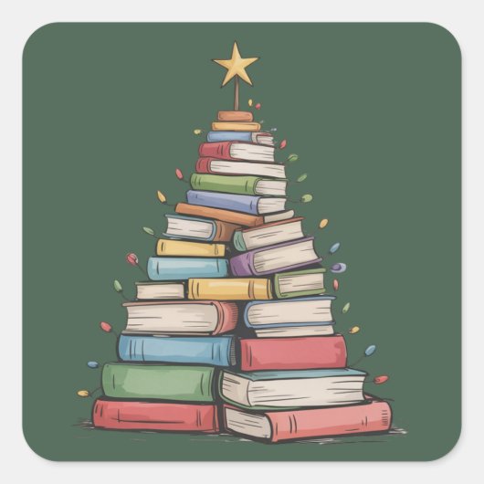 Book Christmas Tree Retro Bookworm Library Quadratischer Aufkleber (Vorderseite)