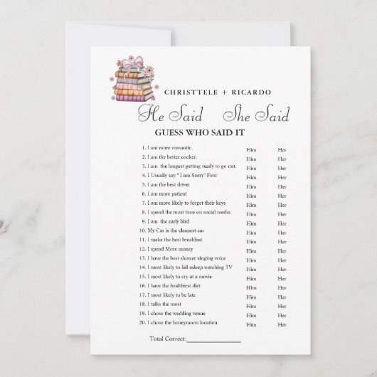 Book Er sagte, sie habe Brautparty-Spielkarte gesa Ankündigung (Vorderseite)