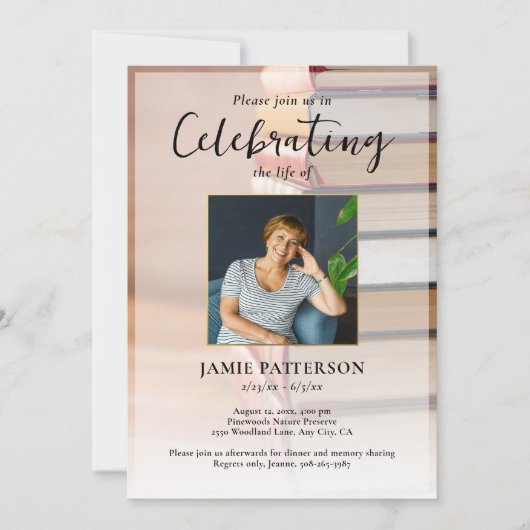 Book Lover Celebration of Life Your Photo Funeral Einladung (Vorderseite)