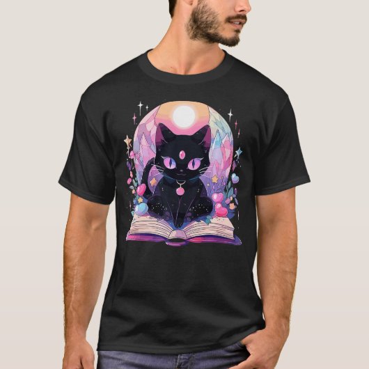 Book Lover Crystal Witchy Cute Black Cat Kawaii Pa T-Shirt (Vorderseite)