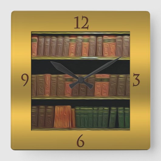 Book Lover's Square Gold Quadratische Wanduhr (Vorderseite)