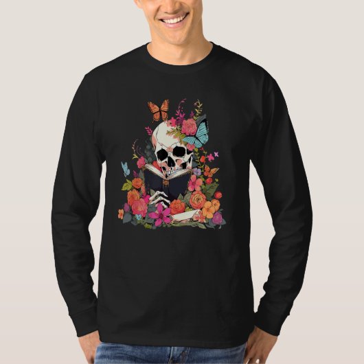 Book Reading Skull Skeleton Flowers Floral Bookish T-Shirt (Vorderseite)