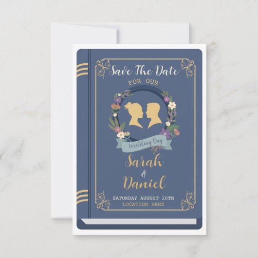 Book Save the Date Library Wedding Navy Einladunge (Vorderseite)