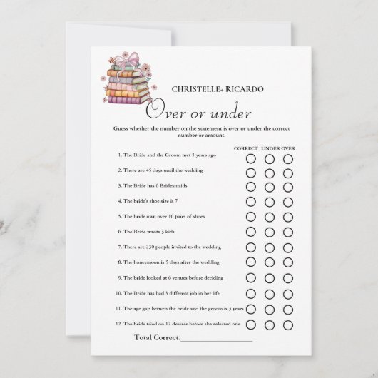 Book Story Over oder unter Brautparty Game Card Ankündigung (Vorderseite)