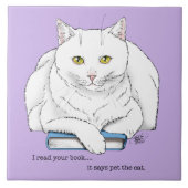 Book White Cat Lila Funny Fliese (Vorderseite)