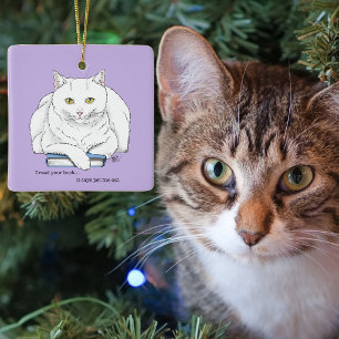 Book White Cat Lila Funny Keramikornament