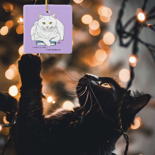 Book White Cat Lila Funny Keramikornament