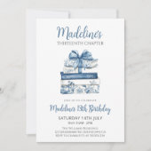 Book with blue bow Girl Birthday Einladung (Vorderseite)