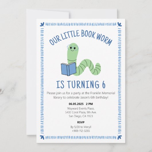 Book Worm Reading Lover Birthday Party Invite Einladung (Vorderseite)