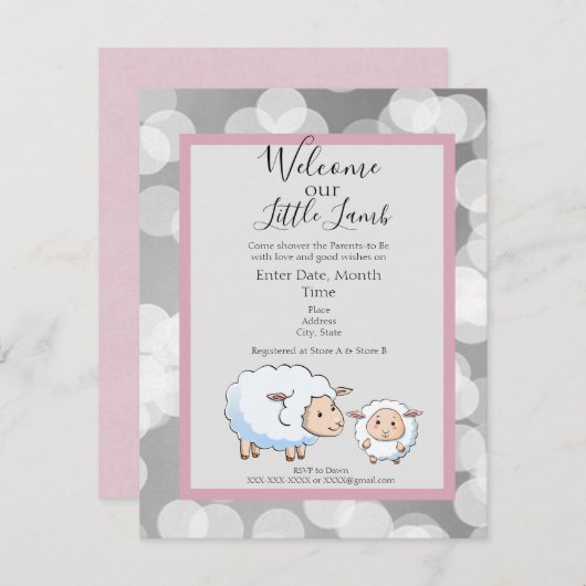Bookah Pink, Gray Lamb Baby Duschvorräte Einladung (Vorne/Hinten)