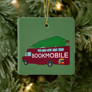 Bookmobil mit Weihnachtsbaum oben Keramikornament