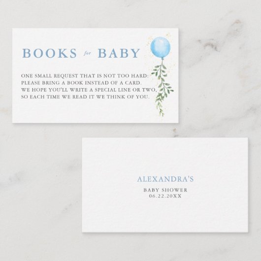 Books Blue Balloon Soft Greenery Boy Baby Shower Begleitkarte (Vorne/Hinten)