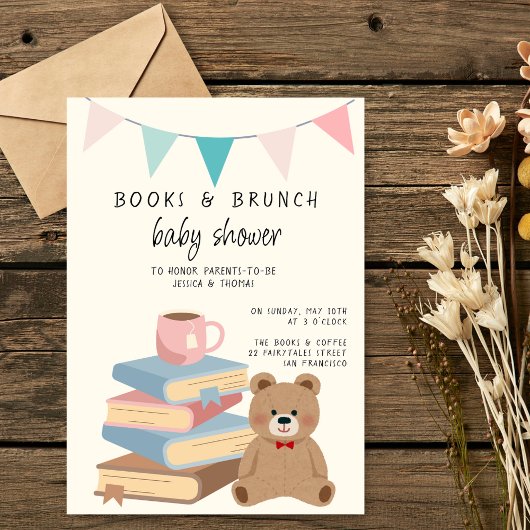 Books & Brunch Neutral Books & Teddy Baby Shower Einladung