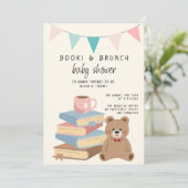 Books & Brunch Neutral Books & Teddy Baby Shower Einladung (Stehend Vorderseite)