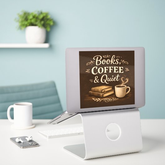 Books, Coffee & Quiet – Dark Academia Book Lover Aufkleber (Laptop auf Schreibtisch)